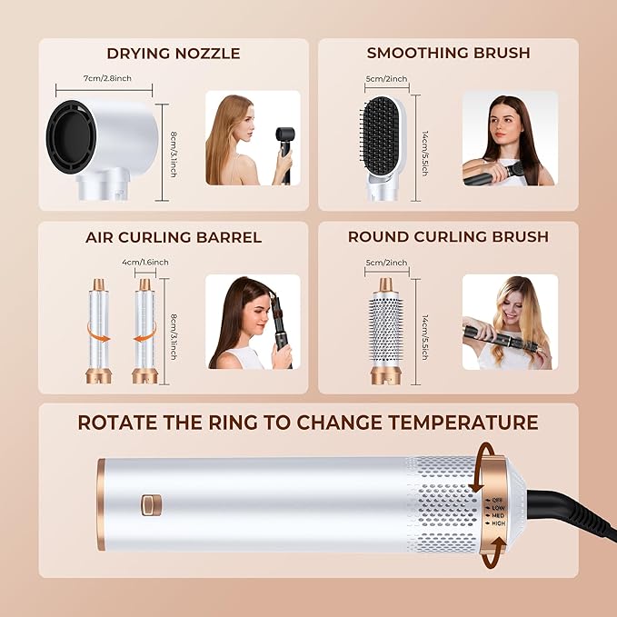 5 in 1 Blow Dryer Brush, Upgrade Hair Dryer Brush Air Curler Air Curling Wrap Styler, Detachable Hot Air Brush Negative Ion Curling Brush Iron, Hair Styling Tools for Drying Curling Straightening