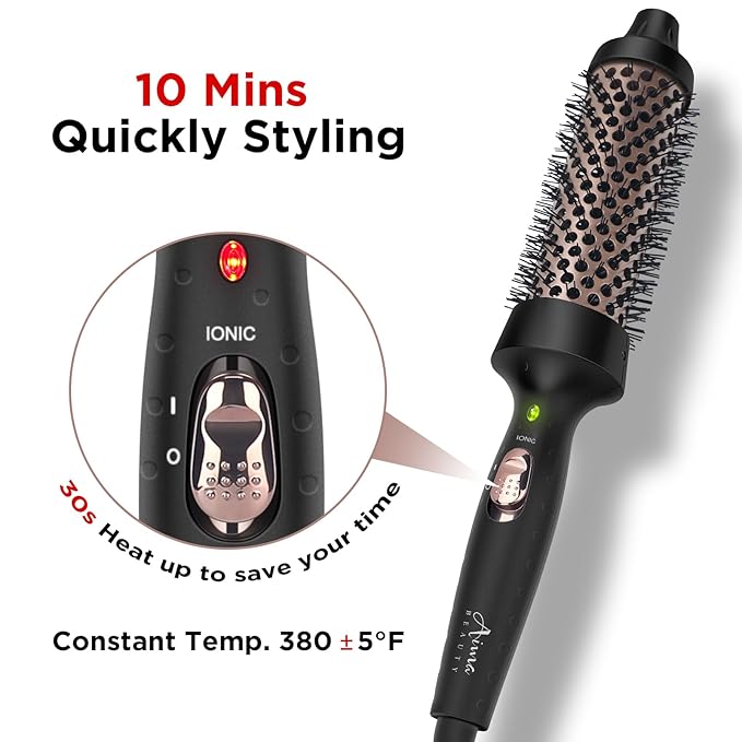 Aima Beauty Hair Curling Iron Brush, 1.5" Ceramic Hot Brush for Loose Curls, Dual Voltage & 60Mins Auto-Off, Black