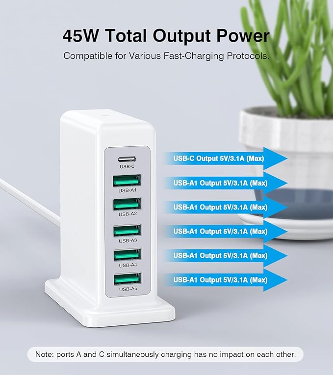 Charging Station for Multiple Devices, 45W 6 Port USB Charger Charging Block - Image 3