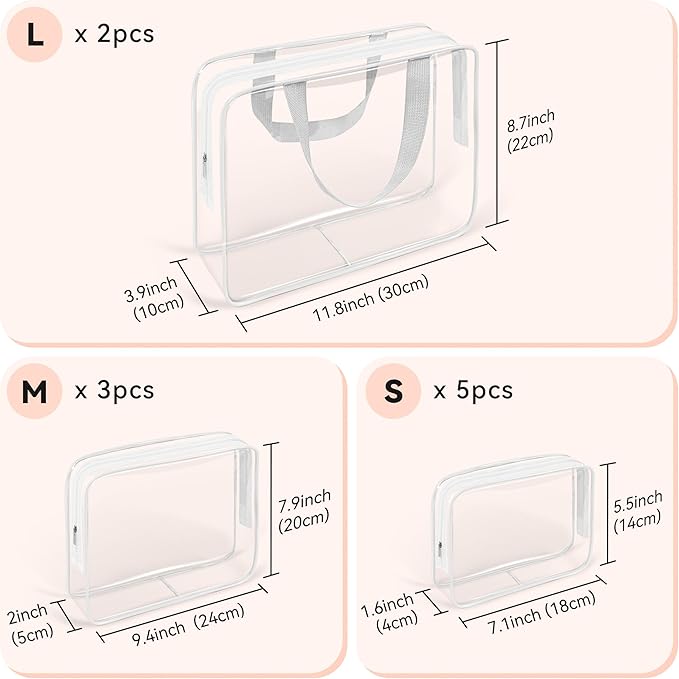 TISRATOK 10 PCS Clear Travel Makeup Toiletry Bag, Plastic PVC Cosmetic TSA - Image 2