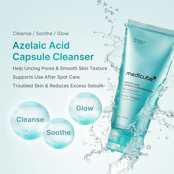 medicube Facial Cleanser Azelaic Acid Capsule Foam Cleanser | Soothing Daily Cleansing Foam For Troubled Skin & Excess Sebum Control | Uneven Skin with Niacinamide, Glycerin | Korean Skincare, 4.23 oz