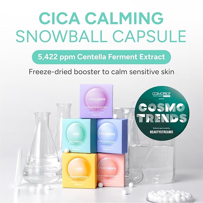 CICA Calming Melting Snowball Capsule (8ea) – 5,422ppm Centella Asiatica Ferment Extract with Hyaluronic Acid & Collagen – Soothing, Hydrating, Barrier-Strengthening Freeze-Dried Capsule