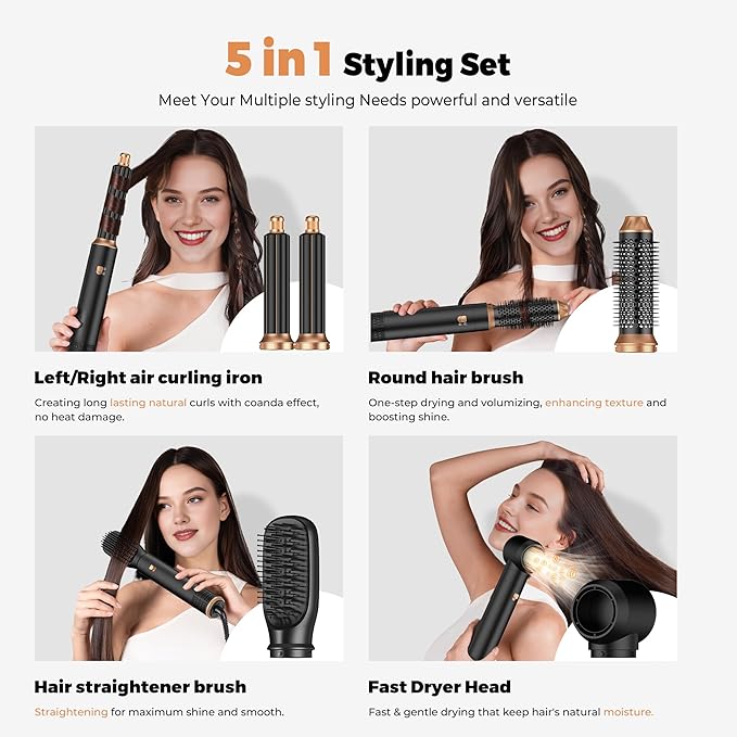 5 in ONE Blow Dryer Brush, Curling Wand Hair Styling Tools Set, Ionic Hot Air Hair Dryer, Massage Oval Hair Dryer, Left&Right Hair Curlers 100-120V