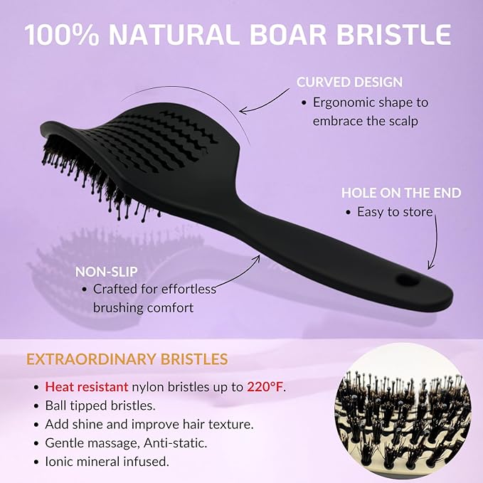 Curved Vented for Blow Drying - Boar Bristle Brush (Medium) with Comfortable Handle - Soft Bristle Brush for Thick and Fine Hair - Natural Boar Bristles for Women, Men & Kids - Grey