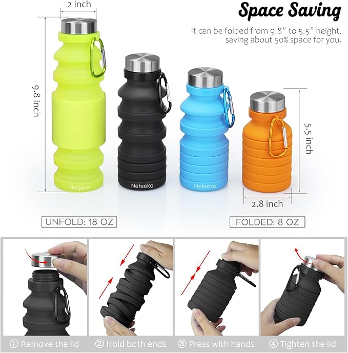 Nefeeko Collapsible Water Bottle, Reuseable BPA Free Silicone Foldable Water - Image 2