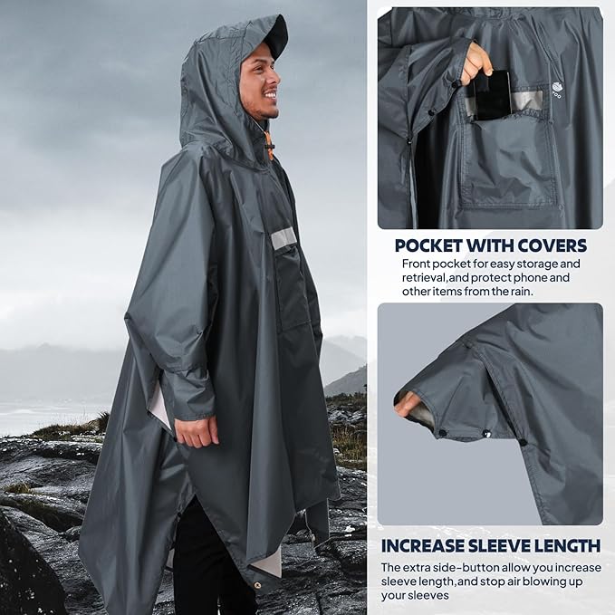 ANYOO Hooded Rain Poncho for Adults Waterproof Lightweight Rain Coat for Men - Image 6