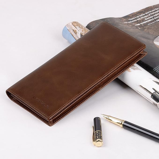 VISOUL Mens Checkbook Leather Wallets Long Bifold Wallets - Image 5
