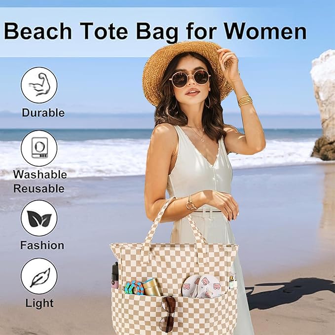 LEDAOU Large Beach Tote Bag Women Waterproof Sandproof Zipper Beach Tote Bag - Image 3