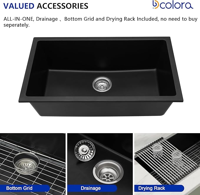 Dcolora 31 Inch Quartz Composite Black Kitchen Sink Undermount Sink Deep Single - Image 5