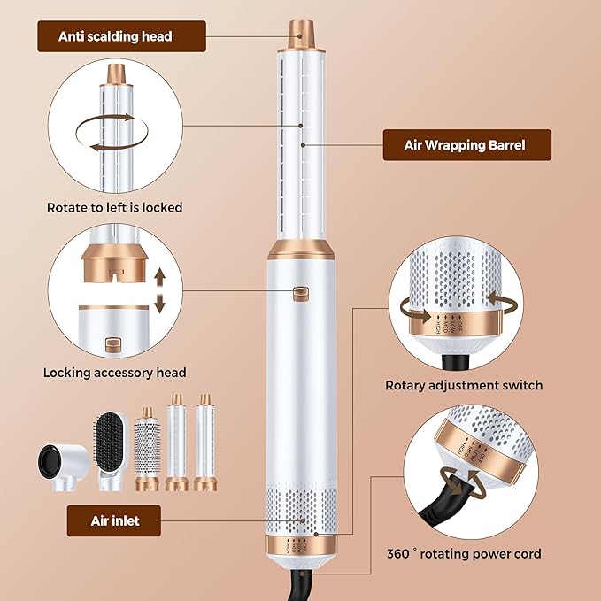 5 in 1 Blow Dryer Brush, Upgrade Hair Dryer Brush Air Curler Air Curling Wrap Styler, Detachable Hot Air Brush Negative Ion Curling Brush Iron, Hair Styling Tools for Drying Curling Straightening