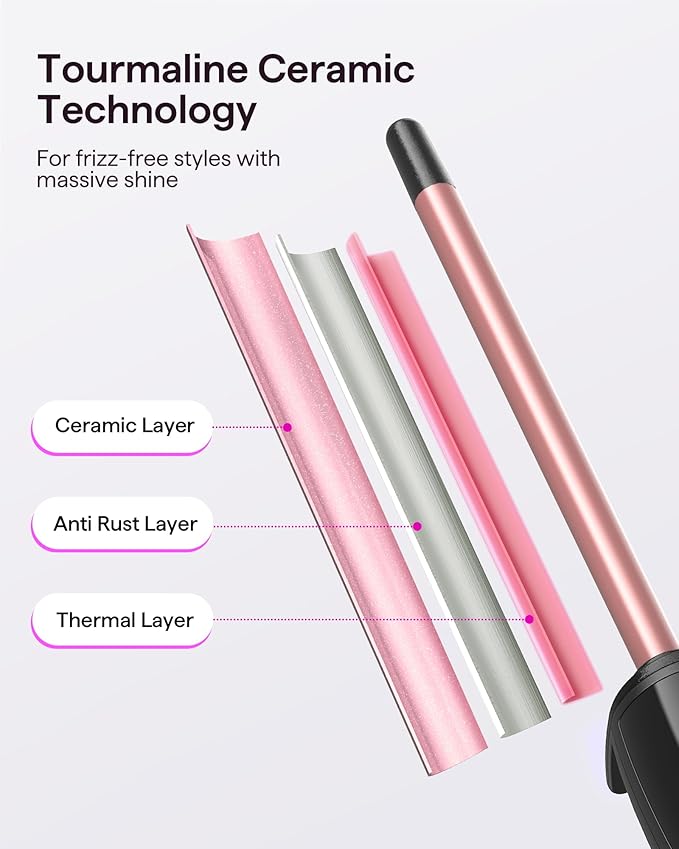 Wavytalk 3/8 Inch Small Curling Iron Wand for Short & Long Hair, Ceramic Barrel with Adjustable Temperature, Heat Resistant Glove Included (Rose Pink)