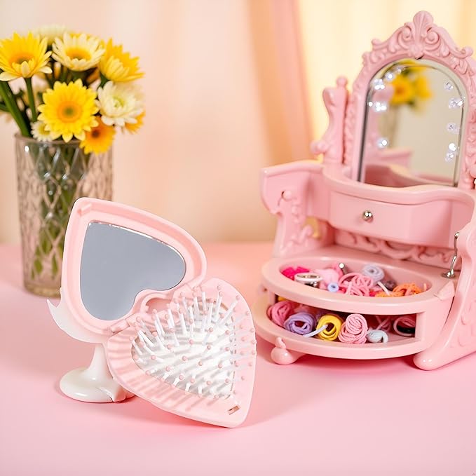 Pink Heart Hair Brush With Mirror, Air Cushion Folding Brush, and Massage Styling Tools for Women and Girls