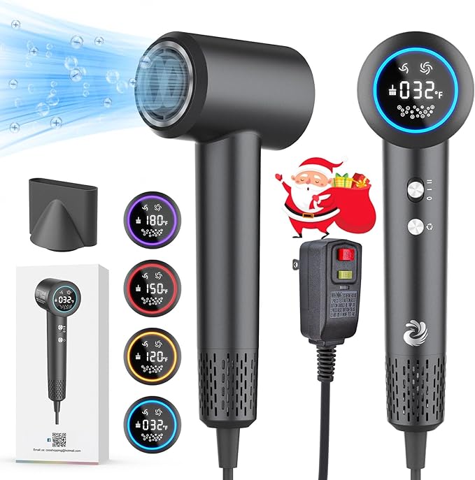 Hair Dryer, 1500W High Speed 110000 RPM Blow Dryer with Plasma Tech (Positive+Negative Ionic), LCD Display, 5 Modes, Thermo-Control, Low Noise, Fast Drying Travel Hair Dryer for Home or Travel (Gray)