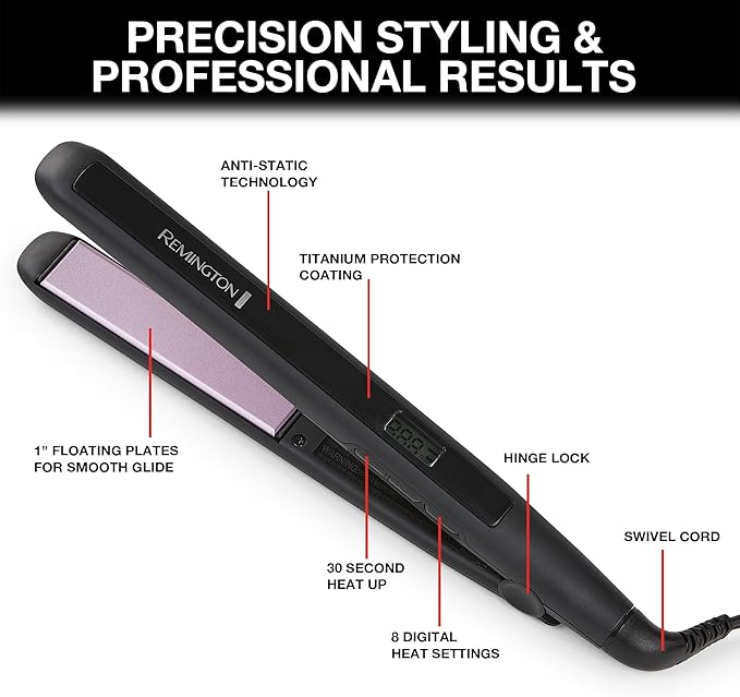 Remington 1" Flat Iron, Hair Straightener with Anti-Static Technology, Rapid 30-Second Heat-Up, 60-Minute Auto Shut-Off, 30% Longer Ceramic Floating Plates, and Titanium-Ceramic Coating