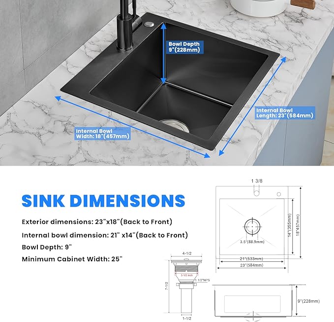 POPFLY 23 x 18 Inch Drop in Kitchen Sink, 304 Stainless Steel Overmount Single - Image 7