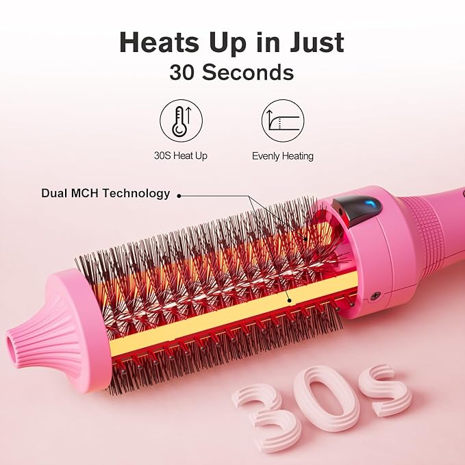 K&K Thermal Brush, 1.5 Inch Ionic Heated Round Brush, Professional Heated Ceramic Tourmaline Coating Curling Iron, Hot Styling Volumizing Tool, Dual Voltage, Pink