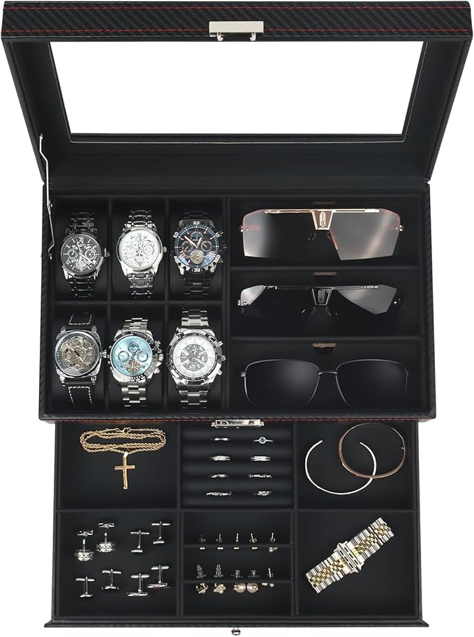 Watch Jewelry Box Organizer, 6-Slot 2-Layer Watch Case and Sunglasses Storage by KUKIKAN