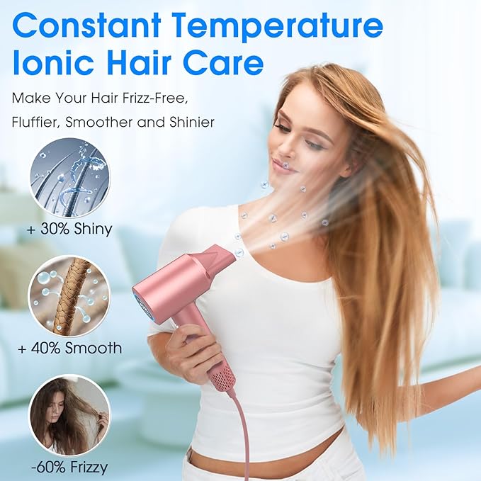 Hair Dryer, 1500W High Speed 110000 RPM Blow Dryer with Plasma Tech (Positive+Negative Ionic), LCD Display, 5 Modes, Thermo-Control, Low Noise, Fast Drying Hair Dryer for Home or Travel (Rose Gold)