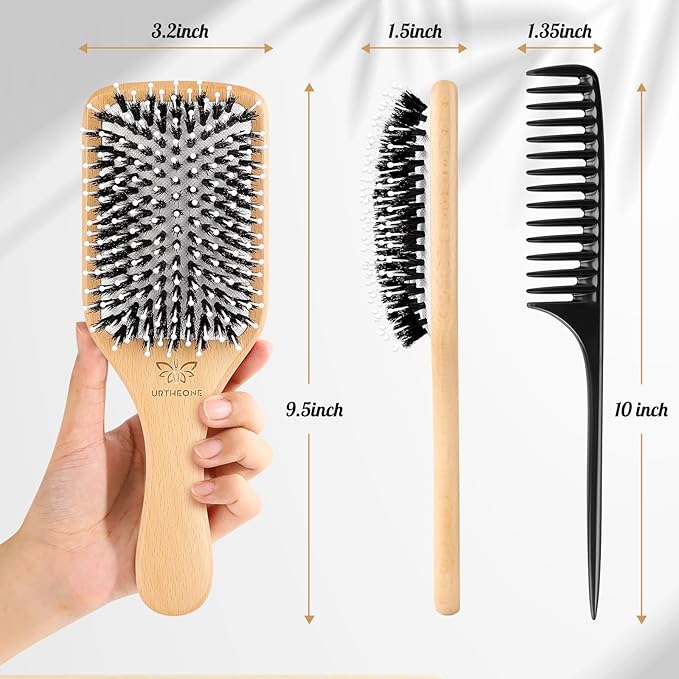 URTHEONE Hair Brush,Boar Bristle Hair Brushes and Styling Comb Set for Women Men Kids, Best Natural Wooden Paddle Hairbrush for Wet or Dry Hair Detangling Smoothing Massaging