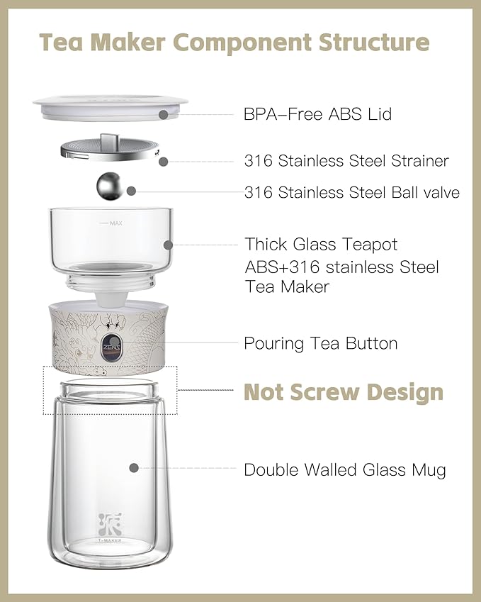 ZENS Cool Glass Teapot with Infuser, Smart One Touch Tea Maker - Image 6