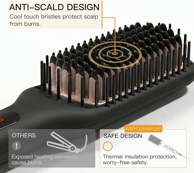 MEGAWISE Pro Ceramic Ionic Hair Straightener Brush for Home Salon | MCH Fast 20s Heating Tech with Auto-Off Safety | Anti-Scald with Universal Dual Voltage | Rotatable Power Cord (Black)