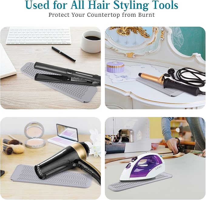 Heat Resistant Mat for Hot Tools, Silicone Curling Iron Mat & Holder for Vanity Top, Portable Flat Iron Mat & Sleeve Travel Case Organizer Container Styling Station