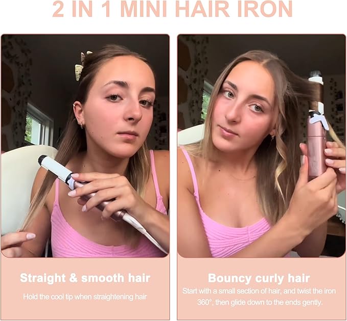VAV Mini Travel 2 in 1 Hair Straightener and Curler 1 Inch Curling Iron Flat Iron Dual Voltage Hair Styling Tools Ceramic Coating Panel