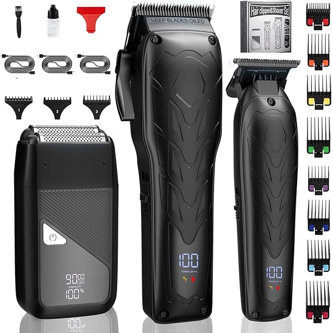 Professional Hair Clippers for Men, Barber Clippers and Trimmers Set, Foil Shavers for Men, 3 in 1 Cordless Hair Clippers Set Hair Cutting Kit Barber kit with LED Display