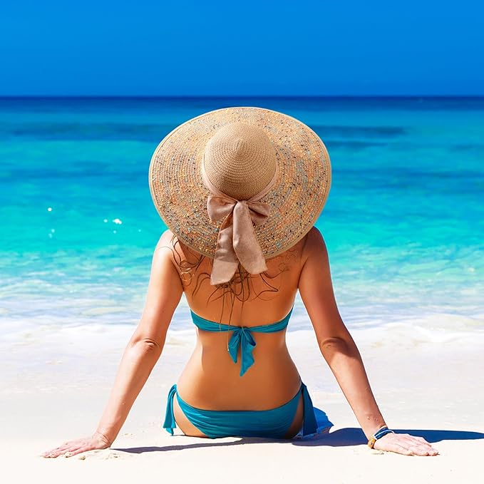 DRESHOW Beach Hats for Women Big Straw Wide Brim Summer Hat Floppy Foldable - Image 3