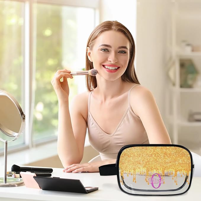 Personalized Clear Makeup Bag with Name, Best Friends Teen Women Mom Birthday Gift PVC Cosmetic Toiletry Travel Bag for Toiletries, Gold Color Bling Glittering