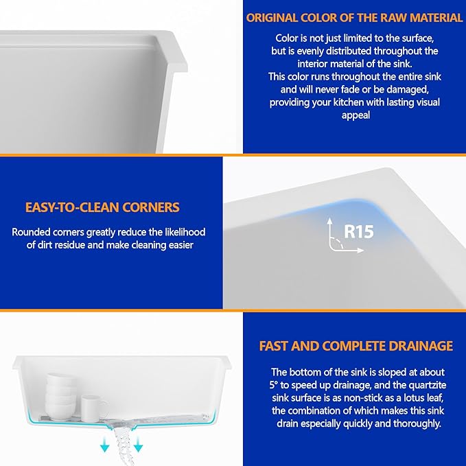 Dcolora 33" Quartz Granite Composite White Kitchen Sink Undermount Sink Deep - Image 4