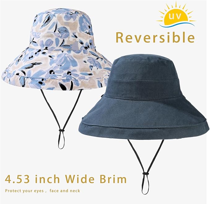 vidsel Womens Sun Hats Wide Brim Reversible Bucket Cotton Hat Packable Summer - Image 6