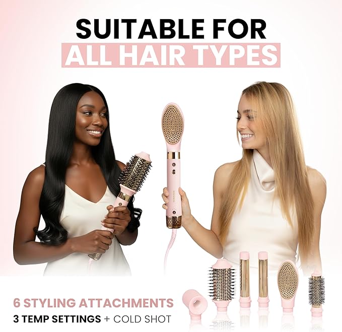 ELLA BELLA® 6 in 1 Professional Hot Air Styler • Powerful Hair Dryer & Straightener Set • Styling Without Heat Damage • Fast Drying Curling Volumizing Straightening • Protective Travel Case (Pink)