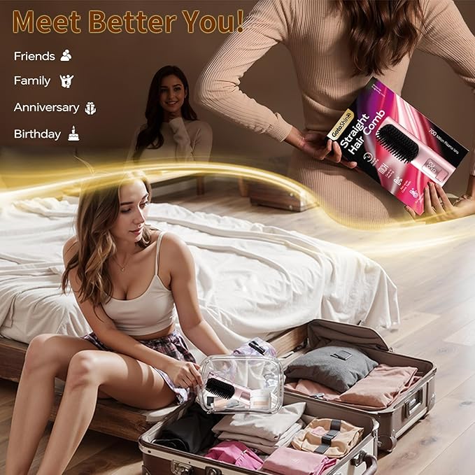 Cordless Hair Straightener Brush, Mini Brush Straightener for Travel,Portable Straightening Brush for Women,Hot Comb Styling Tools & Appliances, Pink