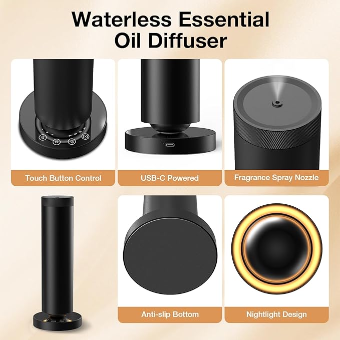 Waterless Diffuser, Waterless Essential Oil Diffuser for Home Hotel Adjustable Mist & Timer, Scent Diffuser Starter Kit with Night Light