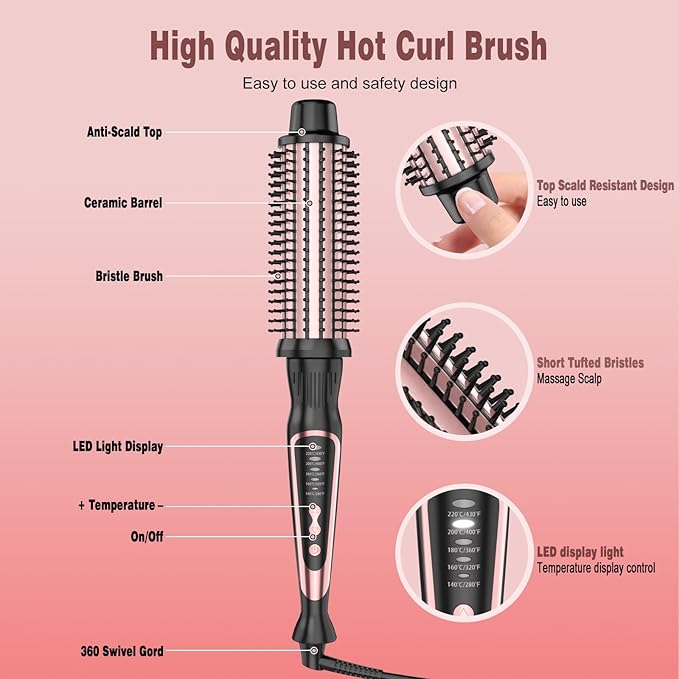 Thermal Brush, Heated Round Brush & Curling Iron with Ceramic Ionic Technology, Hair Tools for Volumizing & Styling, Travel-Friendly Hot Comb with Adjustable Temperature（Rose Gold 1.5 inch）