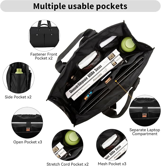 Closeable Tote Bag with 12 Pockets, Thick Bottom Support & Adjustable Strap - Image 5