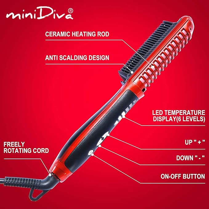 Minidiva 2-in-1 Hair Curler and Straightener with Anti-Scald, 30s Fast Ceramic Heating, 6 Heat Levels, Auto Off, 360 Swivel Cord Portable Hot Hair Straightener Brush for Home, Travel (Red)