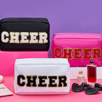 6 Pcs Cheer Makeup Bag Cosmetic Bag with Chenille Letter Patches Waterproof Portable Cheerleader Toiletry Zipper Pouch for Girl Women Appreciation (Bright Colors)