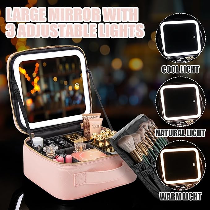 Makeup Travel Train Case with Mirror LED Light 3 Adjustable Brightness Cosmetic - Image 4