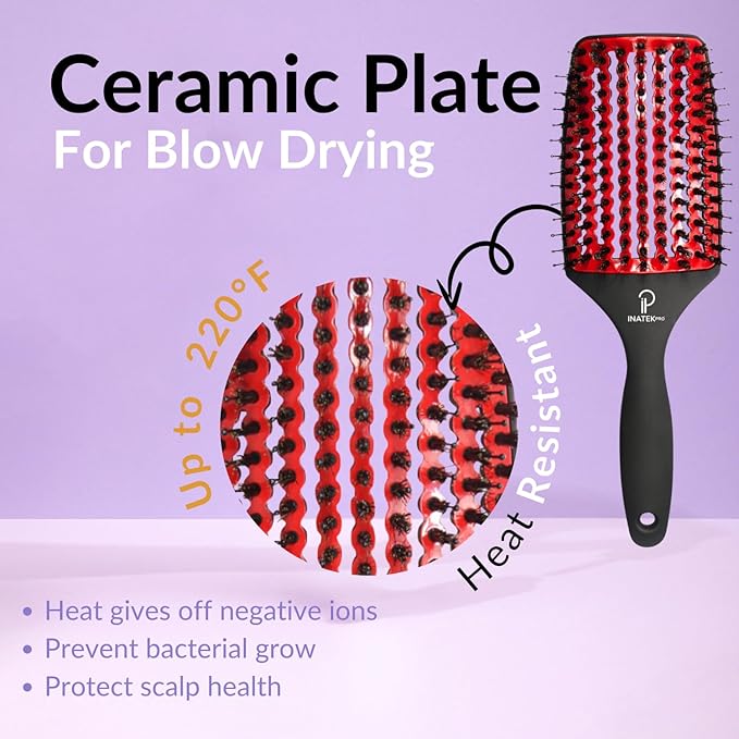 Curved Vented for Blow Drying - Boar Bristle Brush (Large) with Comfortable Handle - Soft Bristle Brush for Thick and Fine Hair - Natural Boar Bristles for Women, Men & Kids - RED
