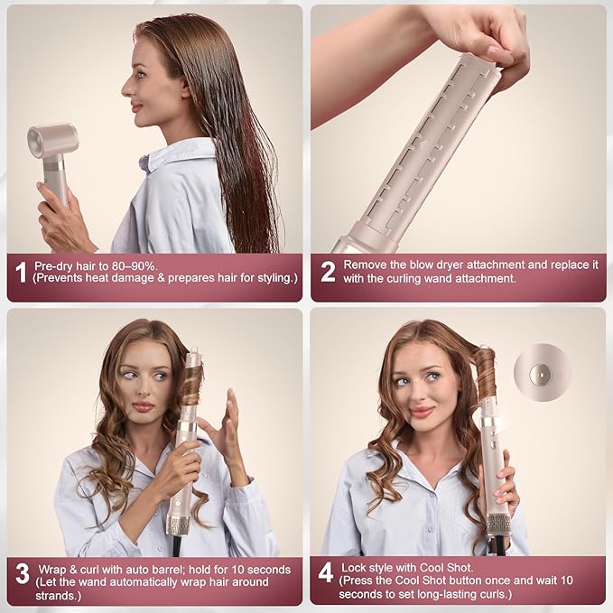 StyleVibe 8-in-1 Air Styler, Hair Dryer & Blow Dryer Brush with Travel Case - Auto Wrap Curls (L/R), Fast Drying, Thermal Round Brush for Smooth Blowouts & Frizz-Free Volume, No Heat Damage