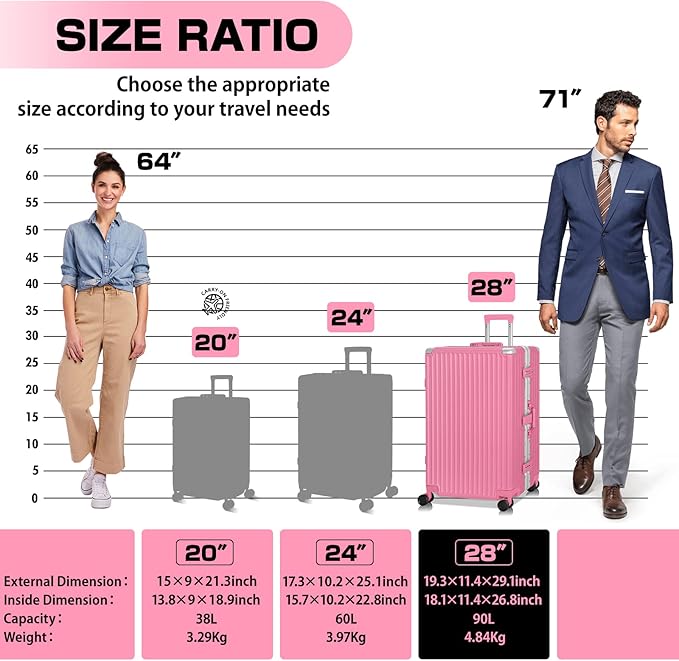 AnyZip Luggage Aluminium Frame Suitcase Hard Shell TSA Lock No Zipper 28In Rose - Image 3