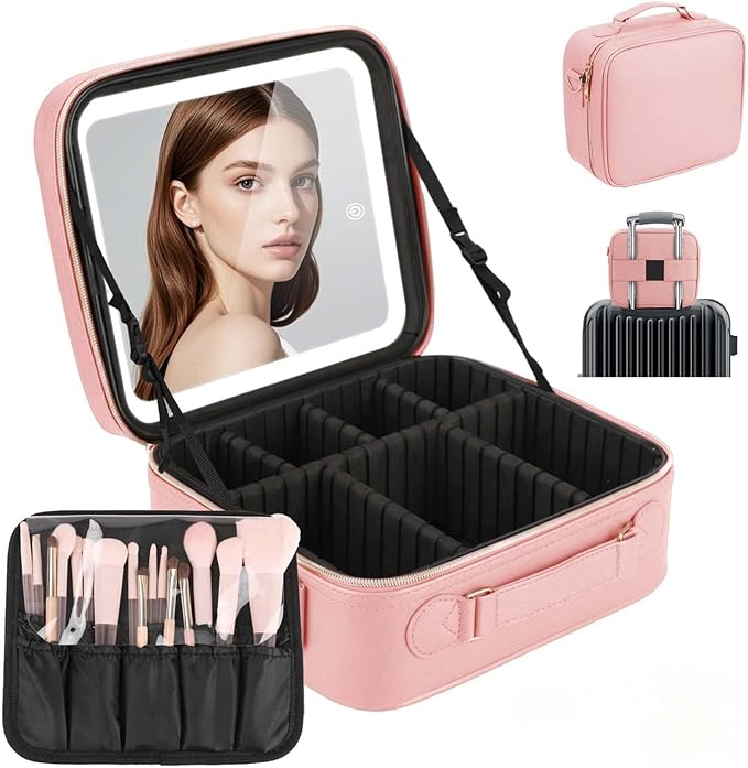 Travel Makeup Bag with LED Mirror, Cosmetic Bags by Emdelifo