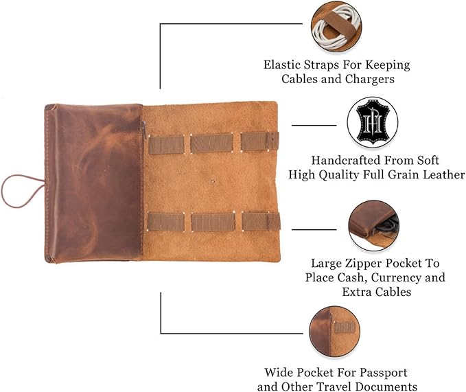 HARDISTON Custom Genuine Leather Electronic Cable Organizer Bag Handmade Travel - Image 3