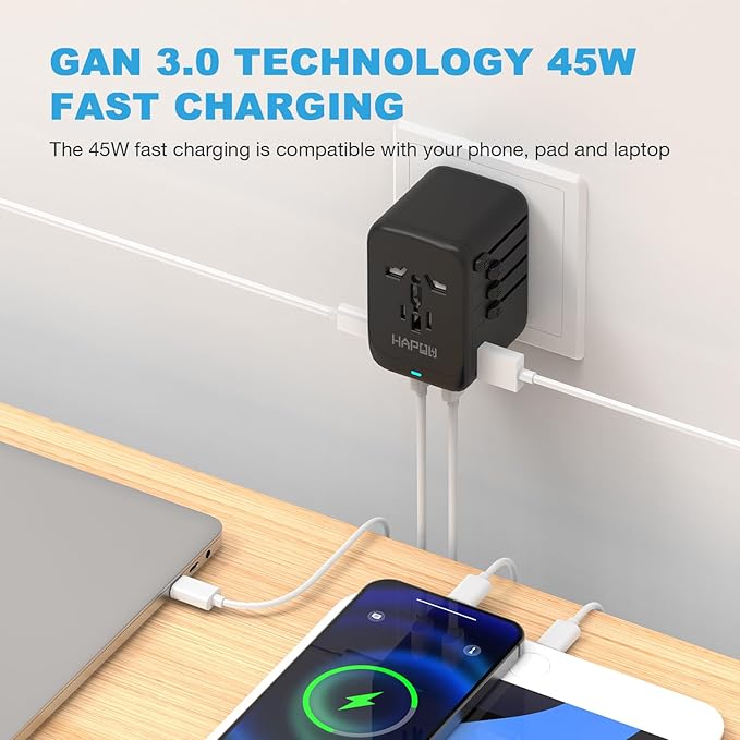 Universal Travel Adapter, GaN 45W International Power Adapter, 3 USB-C & 1 - Image 3