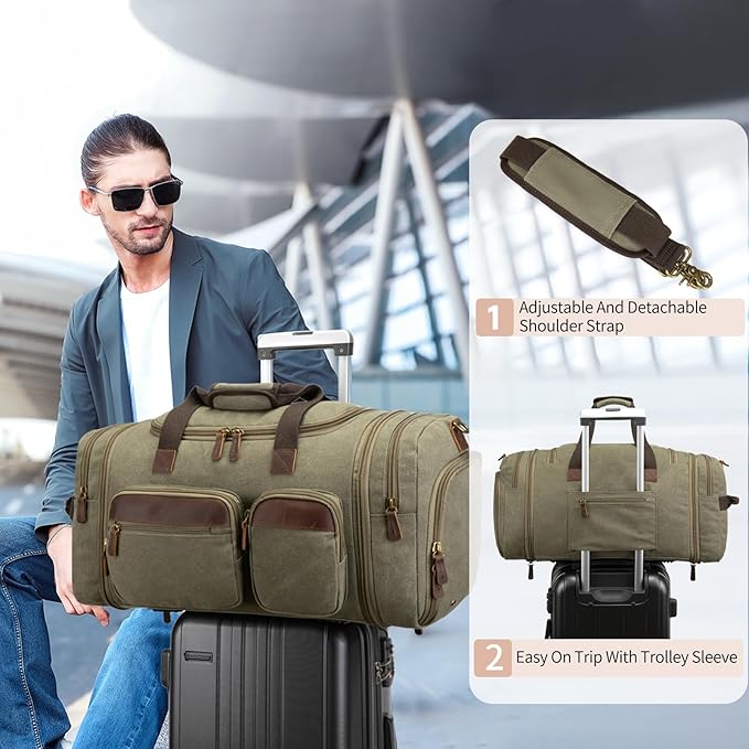 Mens Duffle Bag for Travel 60L Expandable Canvas Weekender Overnight Travel - Image 5