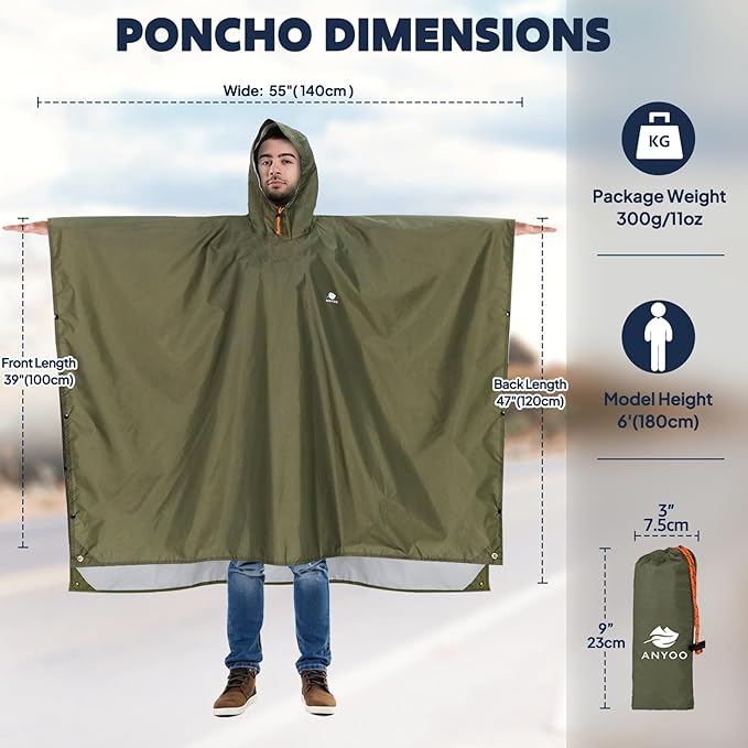 ANYOO Hooded Rain Poncho for Adults Waterproof Lightweight Rain Coat for Men - Image 2