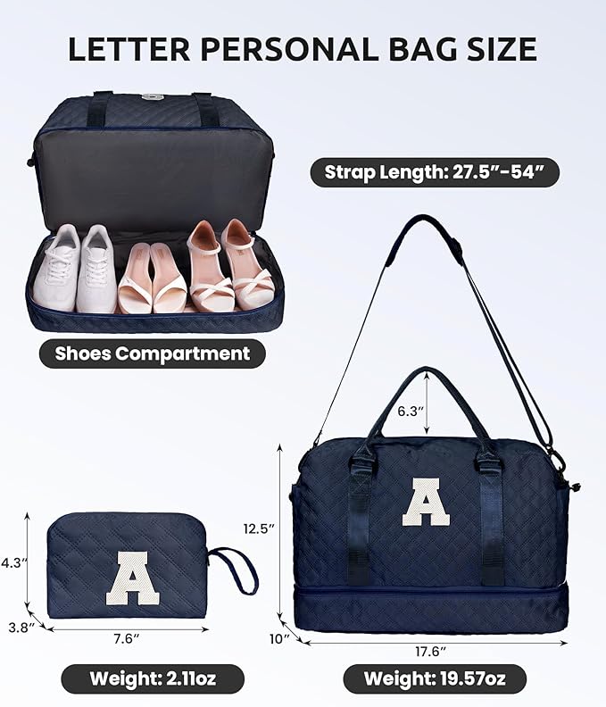 Initial Duffle with Shoe Compartment, Personalized Weekender Bag with Shoulder - Image 2