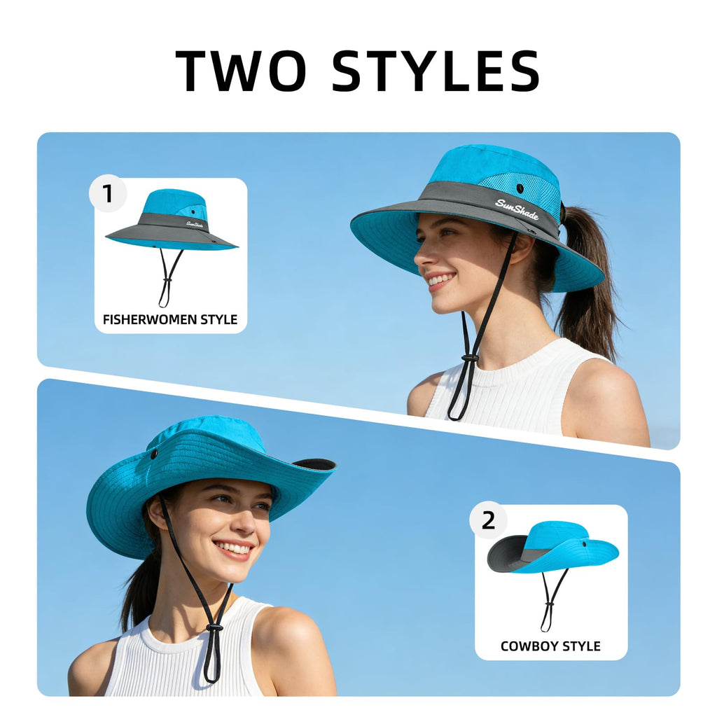 Ponytail Sun Bucket Hats for Women UV Protection Foldable Wide Brim (1-blue)
